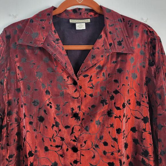 Vintage Floral Velvet Long Sleeve Button-Down Shirt size XL red black whimsigoth - Picture 2 of 9